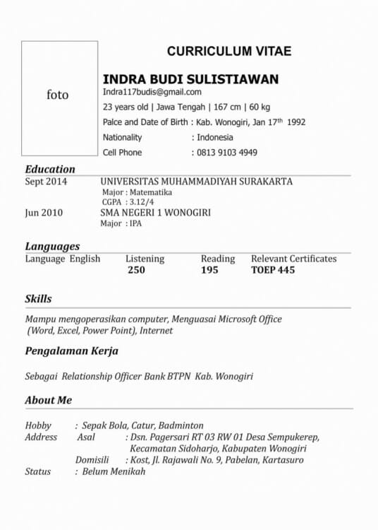 Contoh Daftar Riwayat Hidup / Contoh CV Lamaran Kerja